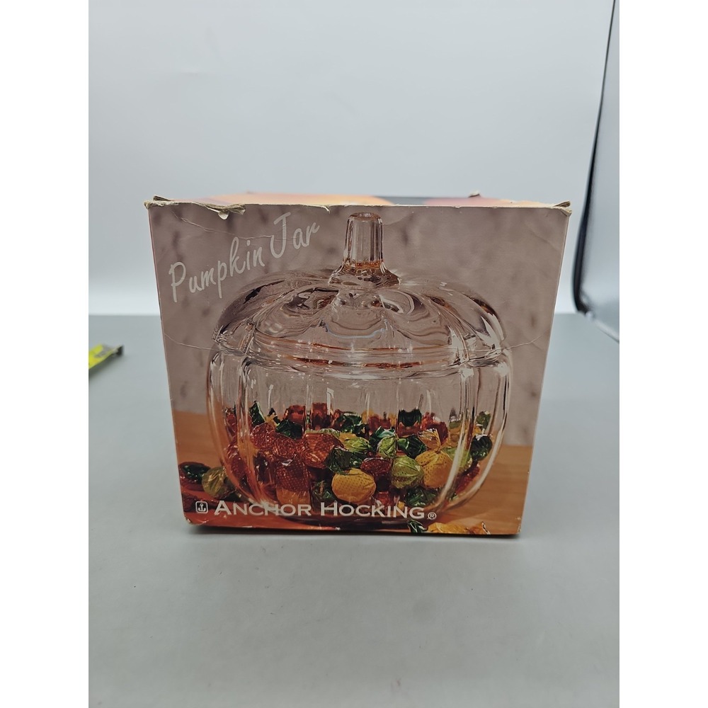 Vintage Dunkin Donuts Anchor Hocking Glass Pumpkin Candy Jar w/ Lid Box Fall